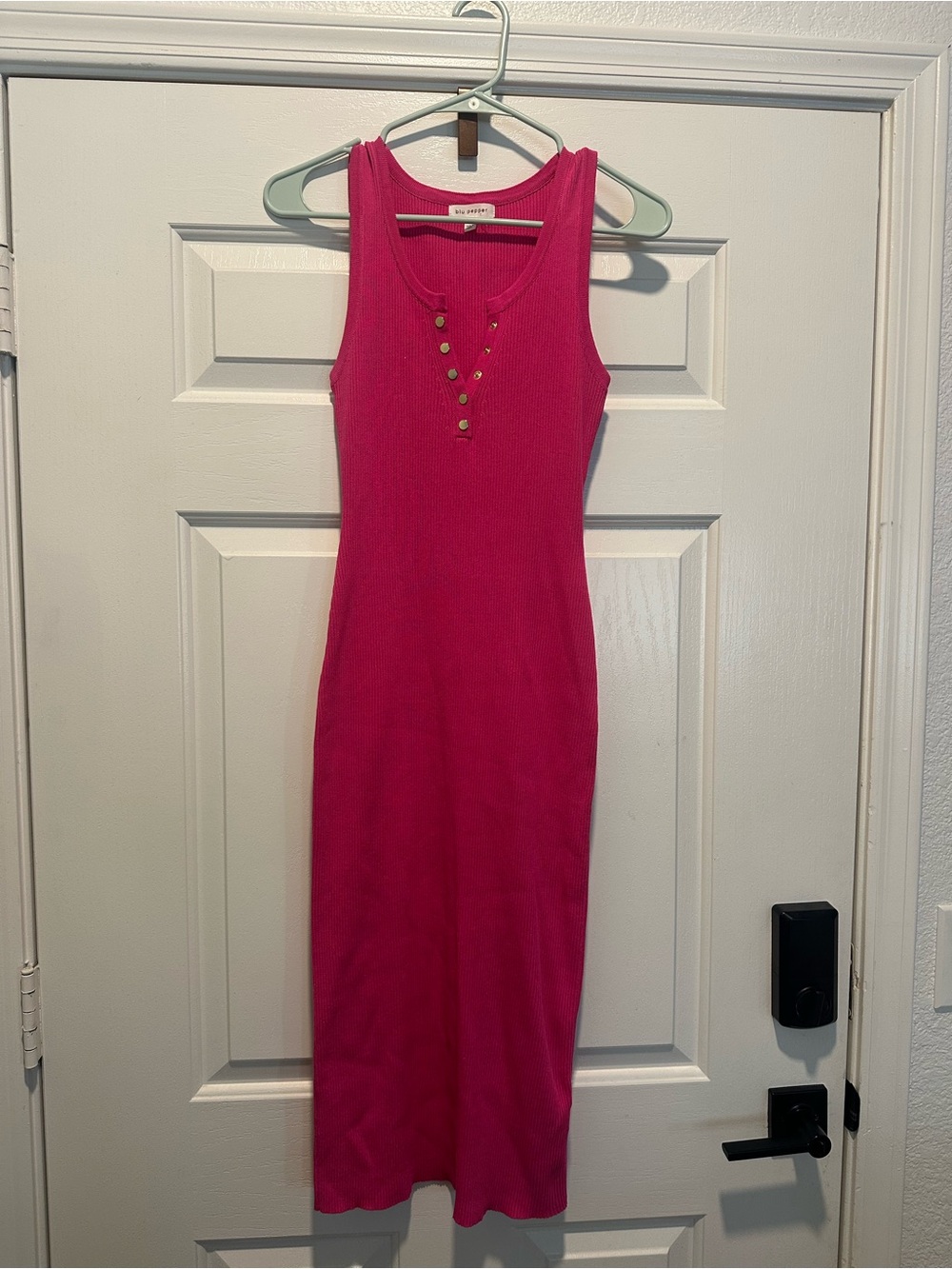 Sleeveless Hot Pink Ribbed Midi Dress with Gold Snaps